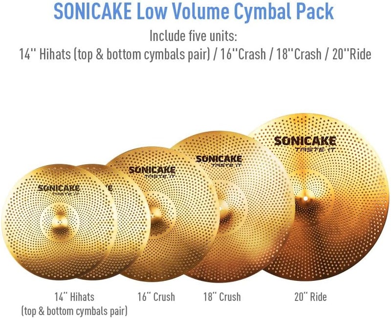 SONICAKE Low Volume Cymbal Pack Quiet Cymbal Set 14"Hi-hats+16"Crash+18"Crash+20"Ride 5 Pcs Mute Drum Cymbal Set with Bag and Felts for Practice, Golden - Image 2